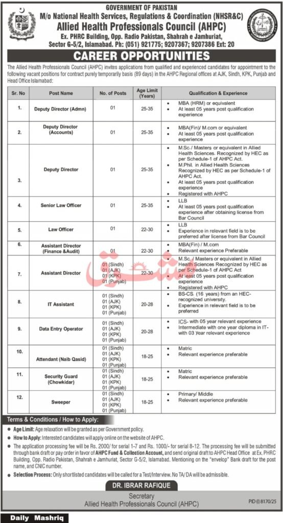 Allied Health Professionals Council AHPC Jobs 2026