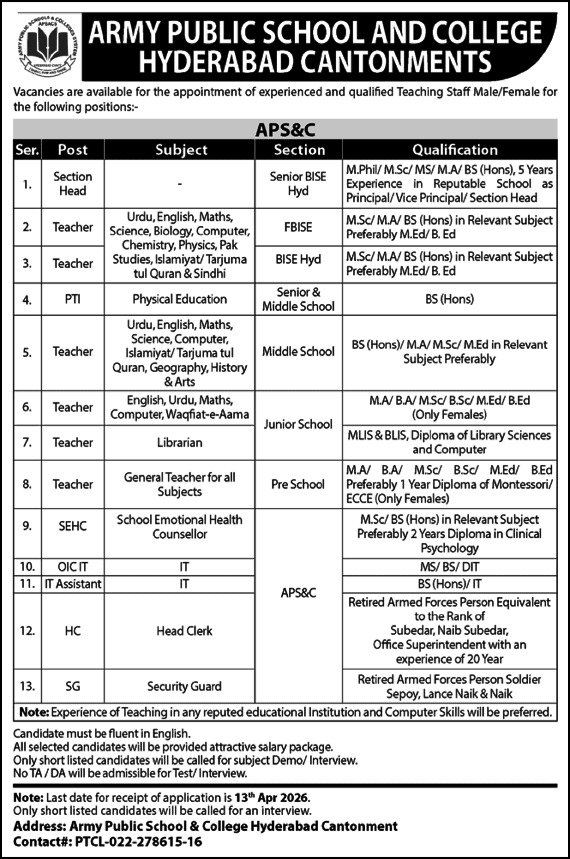 Army Public School Hyderabad Jobs 2026