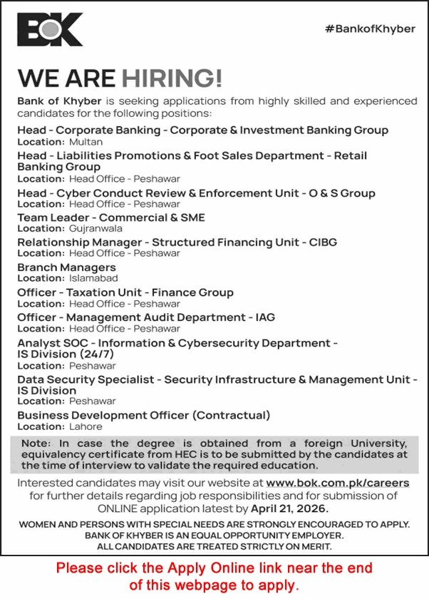 Bank of Khyber Jobs 2026