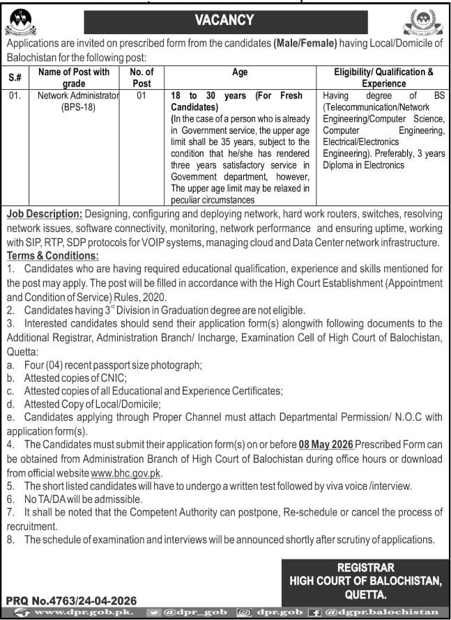 High Court of Balochistan Jobs 2026