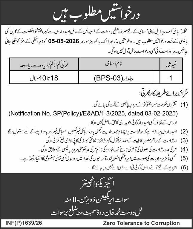Irrigation Department Swat Baildar Jobs 2026